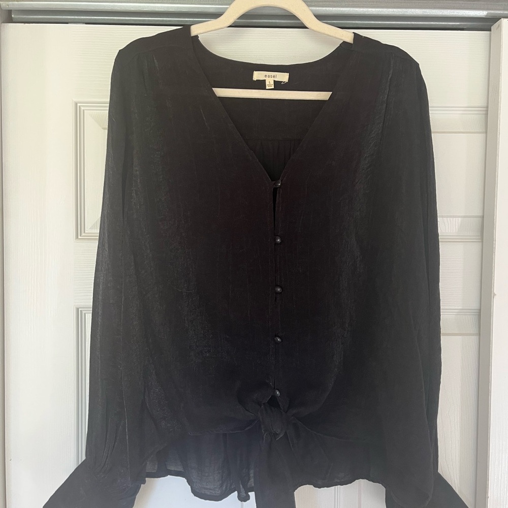Elegant Black V-Neck Blouse with Tie Front